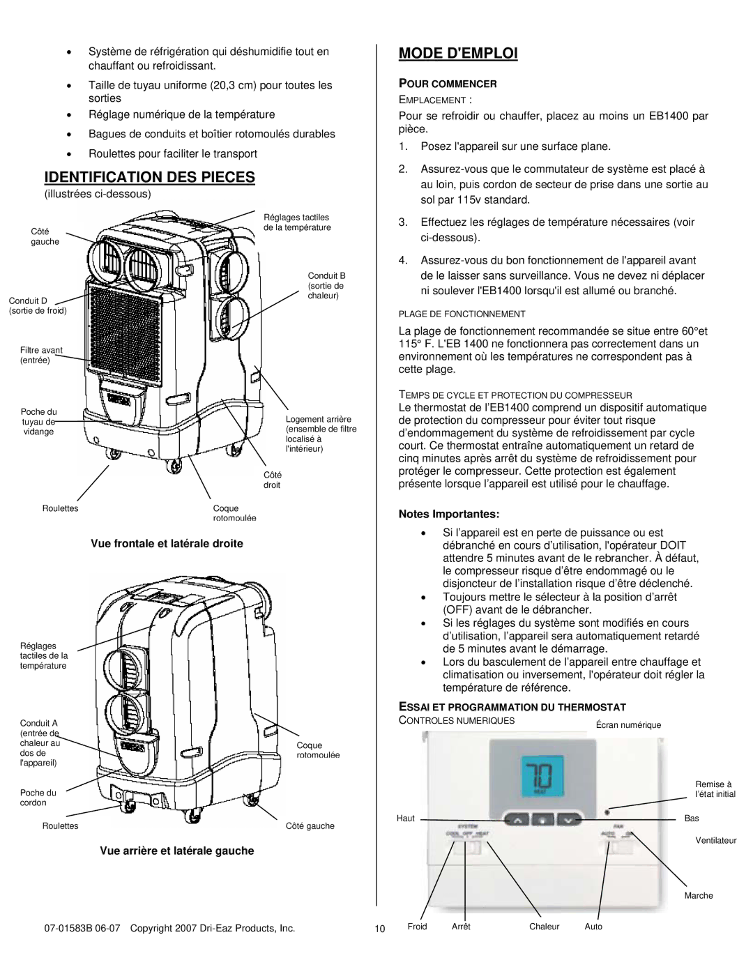 Dri-Eaz 1400 owner manual Identification DES Pieces, Mode Demploi, Illustrées ci-dessous, Vue frontale et latérale droite 