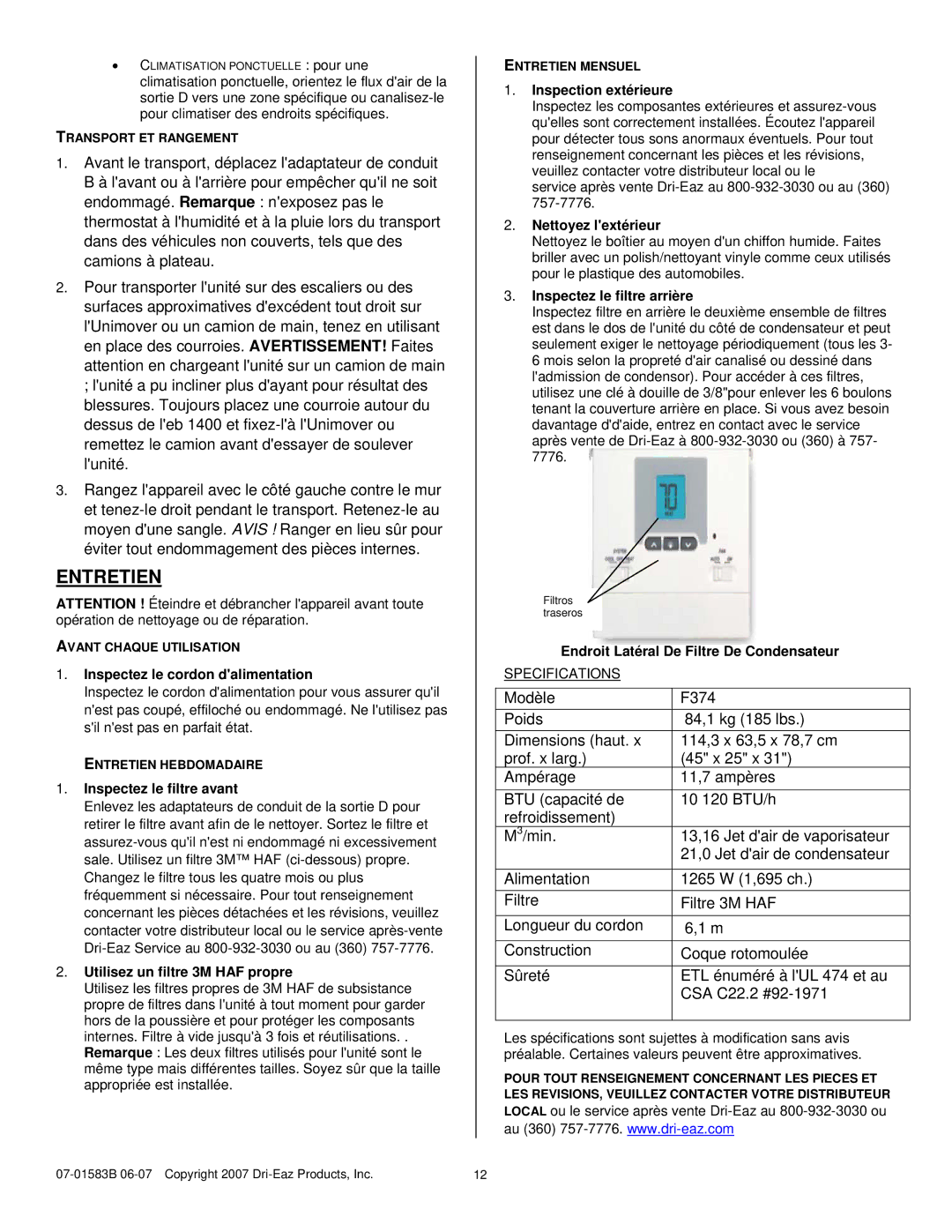 Dri-Eaz 1400 owner manual Entretien 