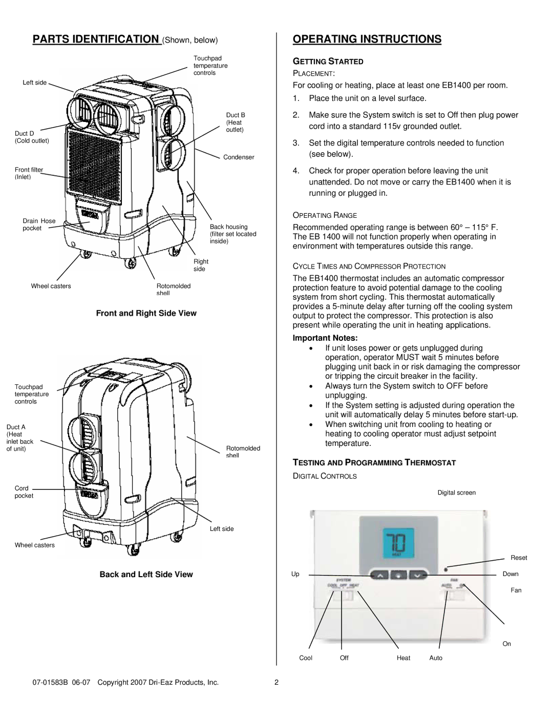 Dri-Eaz 1400 owner manual Operating Instructions, Front and Right Side View, Back and Left Side View, Important Notes 