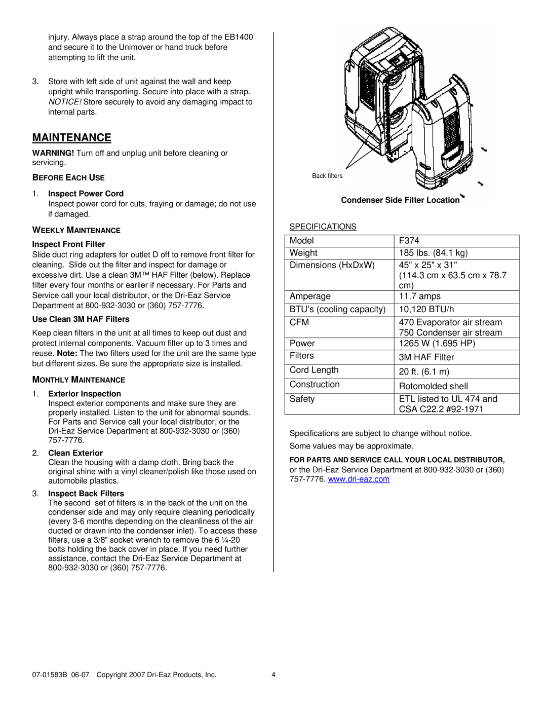 Dri-Eaz 1400 owner manual Maintenance 