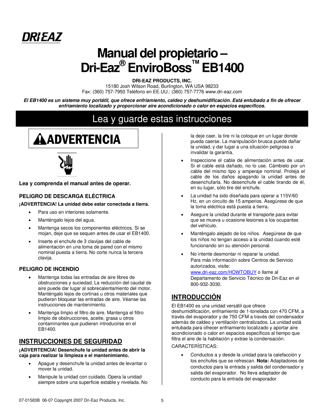 Dri-Eaz Manual del propietario Dri-EazEnviroBoss EB1400, Instrucciones DE Seguridad, Introducción, Peligro DE Incendio 