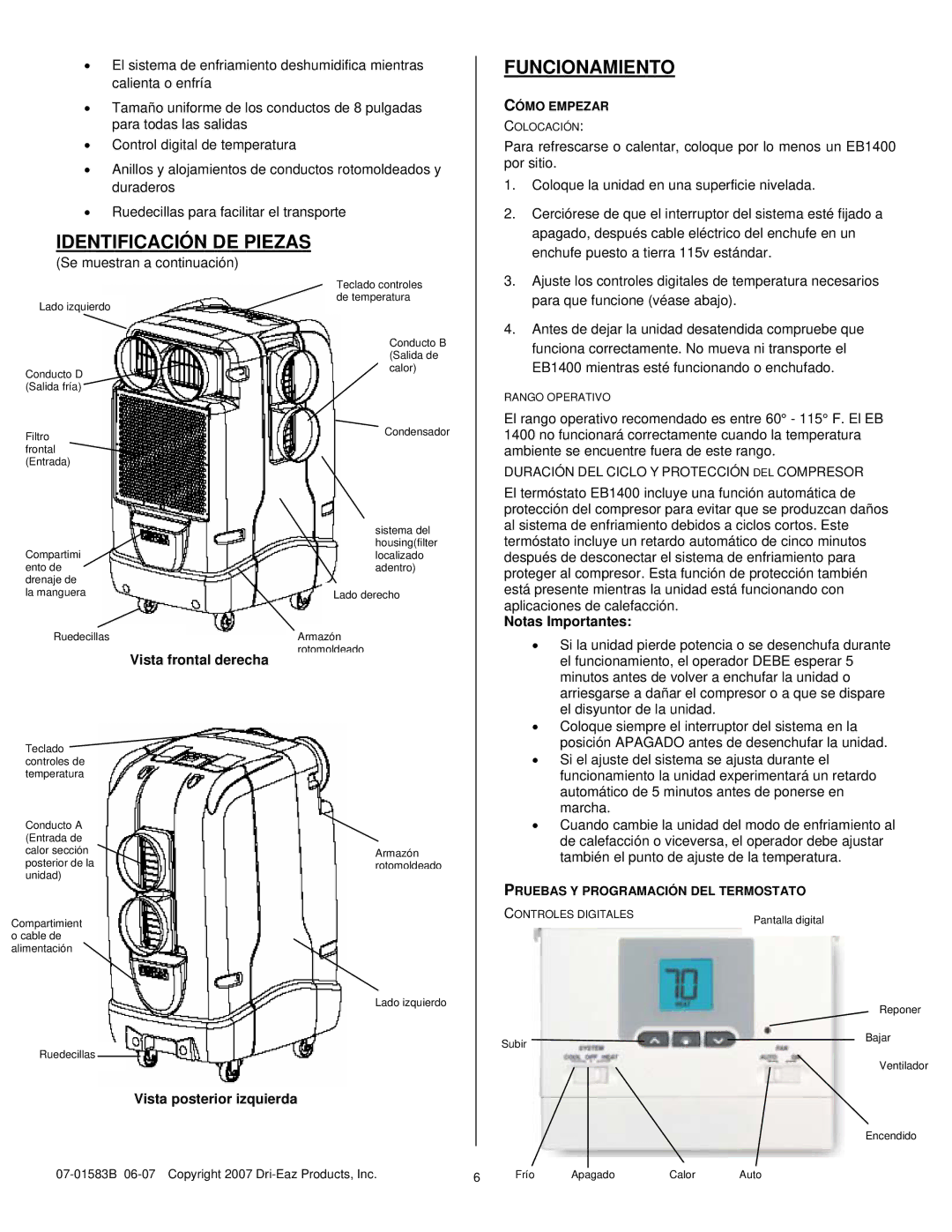 Dri-Eaz 1400 Funcionamiento, Identificación DE Piezas, Notas Importantes, Vista frontal derecha, Vista posterior izquierda 