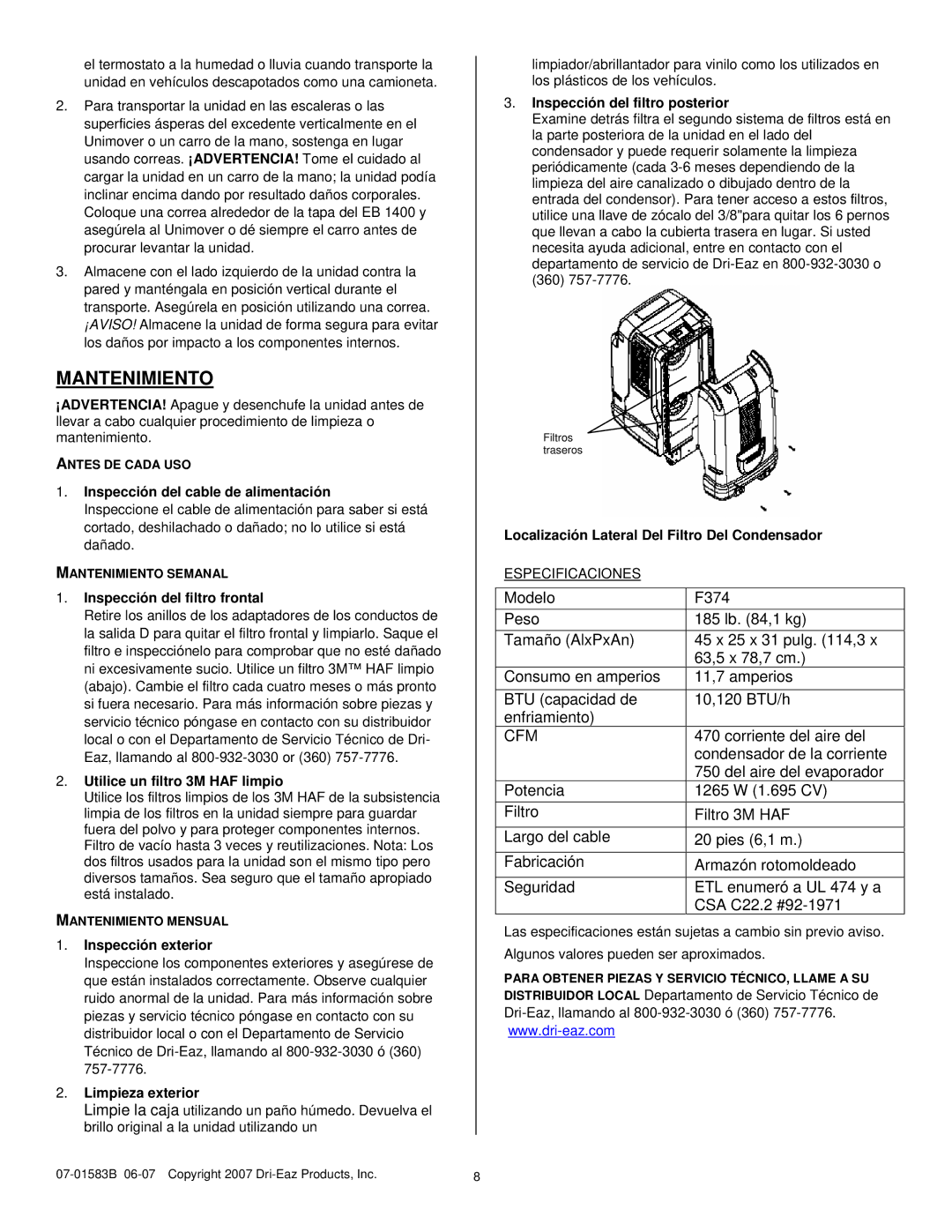 Dri-Eaz 1400 owner manual Mantenimiento 