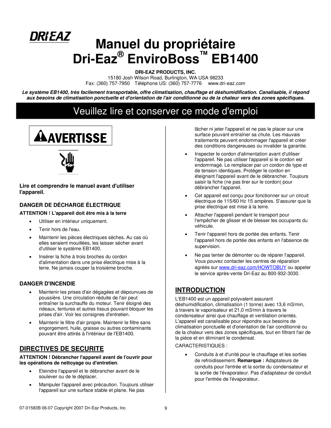 Dri-Eaz owner manual Manuel du propriétaire Dri-EazEnviroBoss EB1400, Directives DE Securite, Caracteristiques 