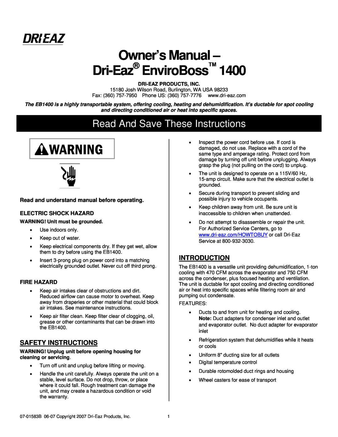 Dri-Eaz 1400 owner manual Read And Save These Instructions, Safety Instructions, Introduction, Electric Shock Hazard 
