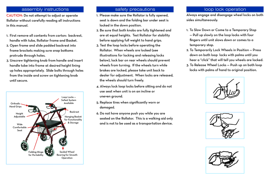 Drive Medical Design 10215RD-1 warranty Assembly instructions, Safety precautions, Loop lock operation 