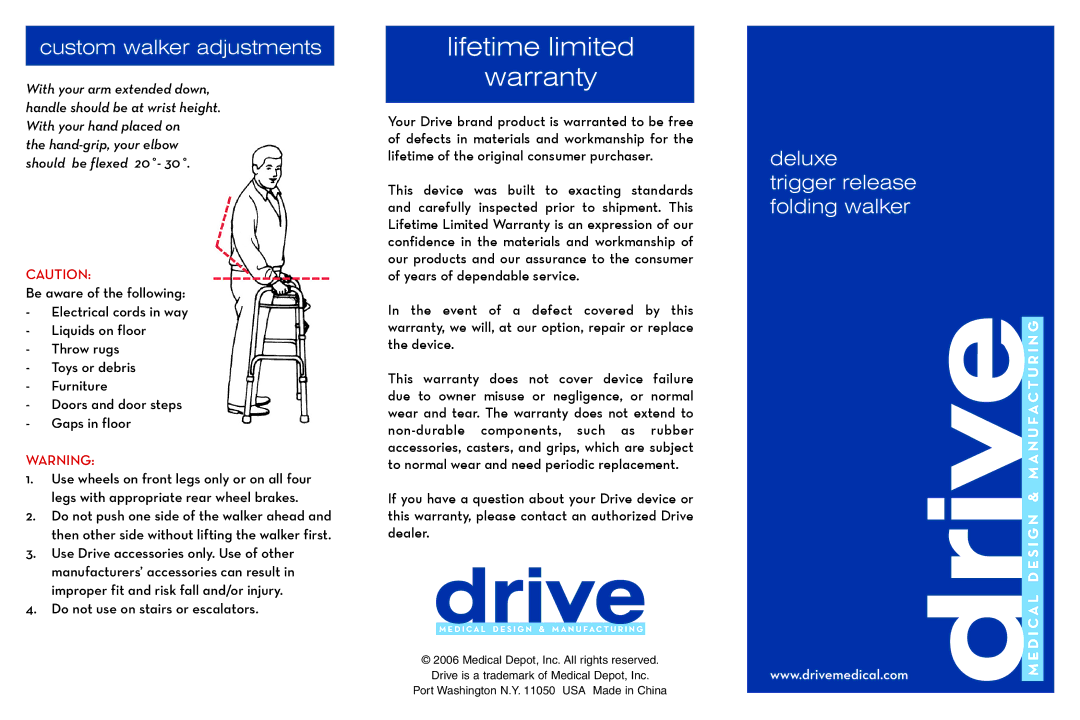 Drive Medical Design 10224-2 warranty Lifetime limited Warranty, Custom walker adjustments 