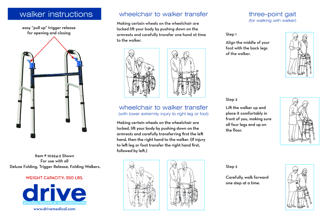 Drive Medical Design 10224-2 warranty Walker instructions, Wheelchair to walker transfer, Three-point gait 