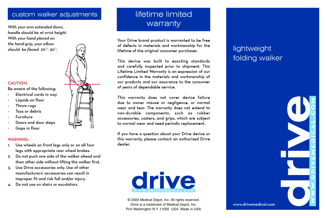 Drive Medical Design #10293 warranty Lifetime limited Warranty, Custom walker adjustments 