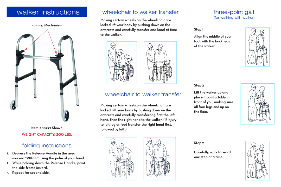 Drive Medical Design #10293 Walker instructions, Folding instructions, Wheelchair to walker transfer, Three-point gait 