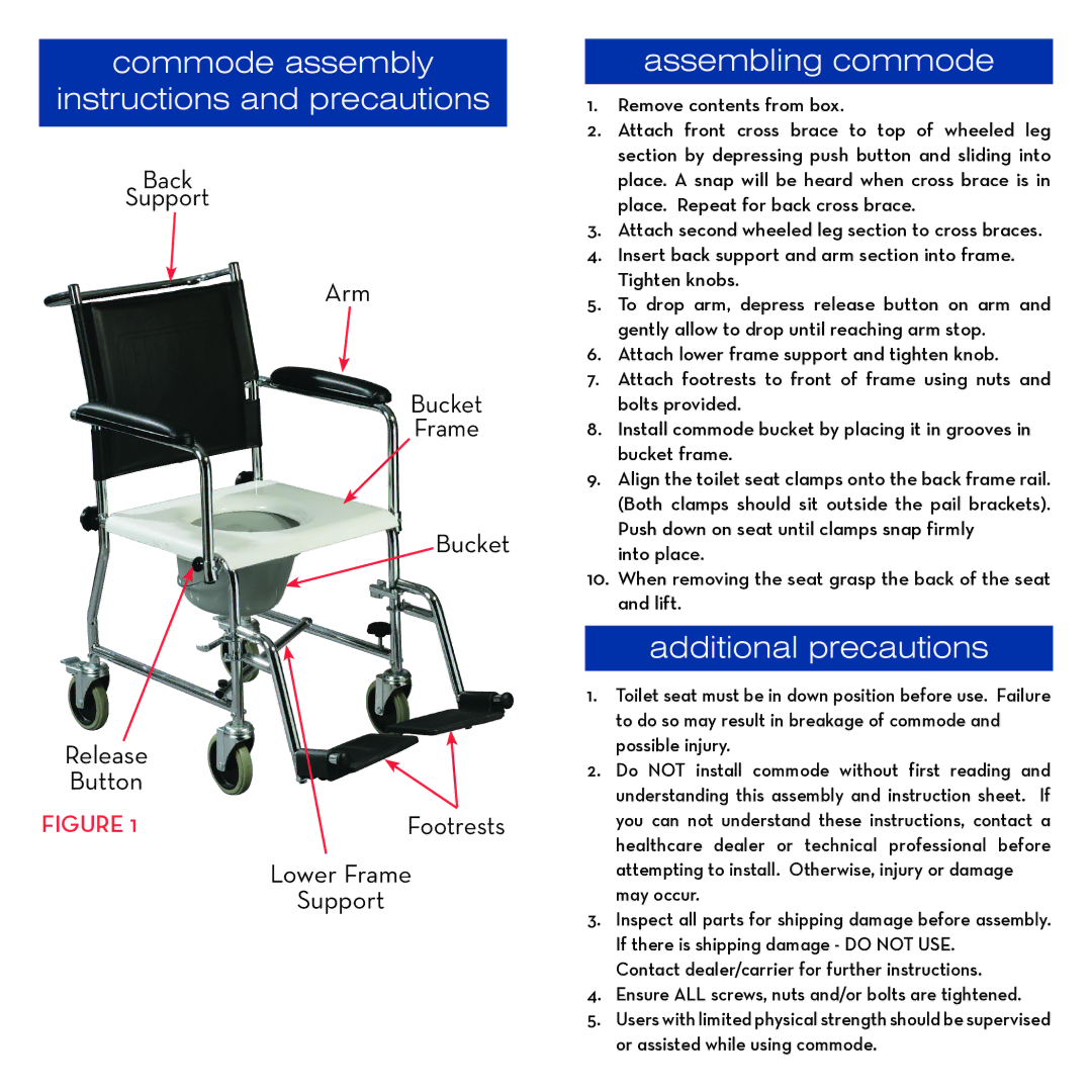 Drive Medical Design 11120kd-1 Commode assembly Instructions and precautions, Assembling commode, Additional precautions 