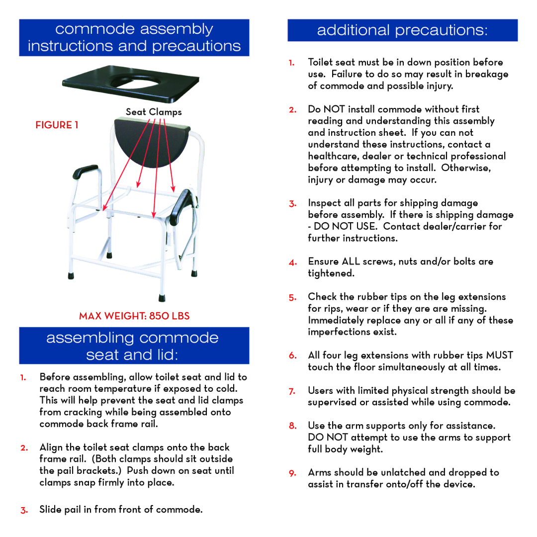 Drive Medical Design 11138-1 warranty Commode assembly Instructions and precautions, Assembling commode Seat and lid 