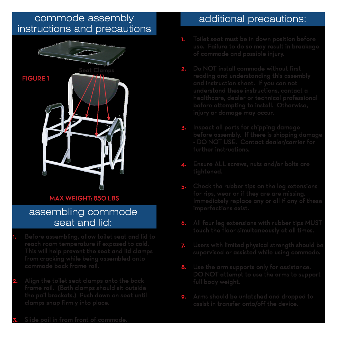 Drive Medical Design 11138-1 warranty commode assembly instructions and precautions, assembling commode seat and lid 