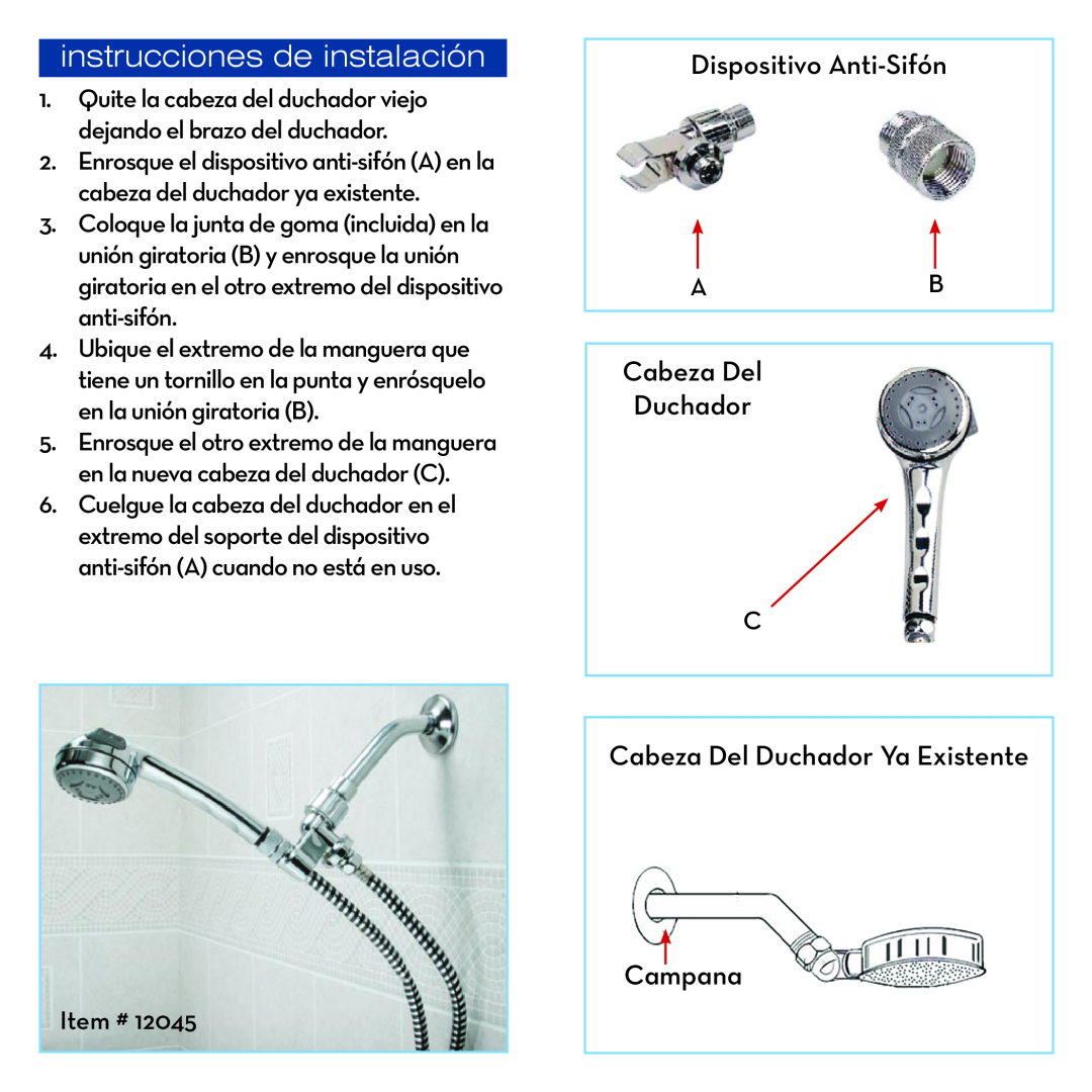 Drive Medical Design 12045 manual instrucciones de instalación, Dispositivo Anti-Sifón, Cabeza Del Duchador 