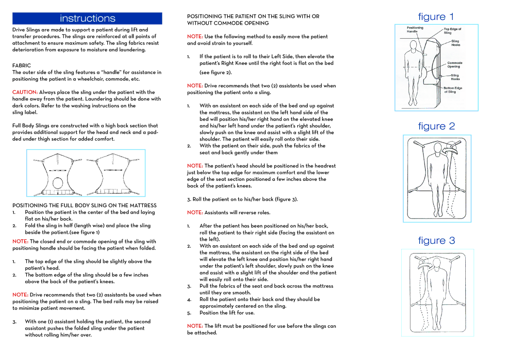 Drive Medical Design 13222M warranty Instructions, Fabric, Positioning the Full Body Sling on the Mattress 