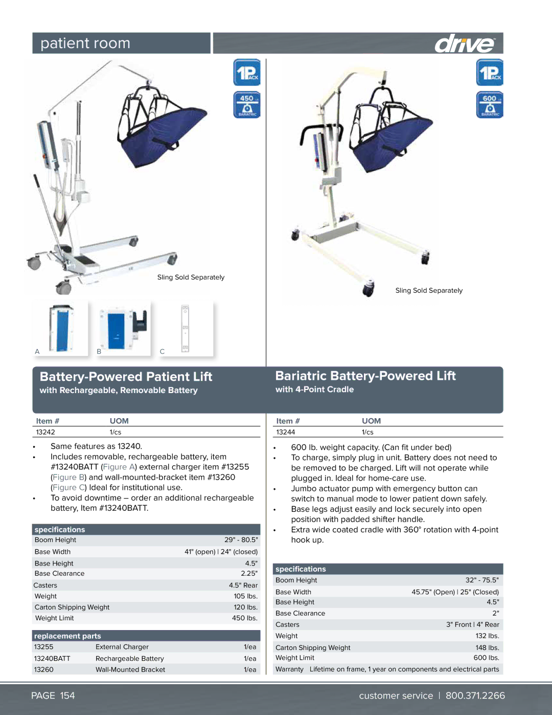 Drive Medical Design 13242 specifications Patient room, Battery-Powered Patient Lift, Bariatric Battery-Powered Lift 