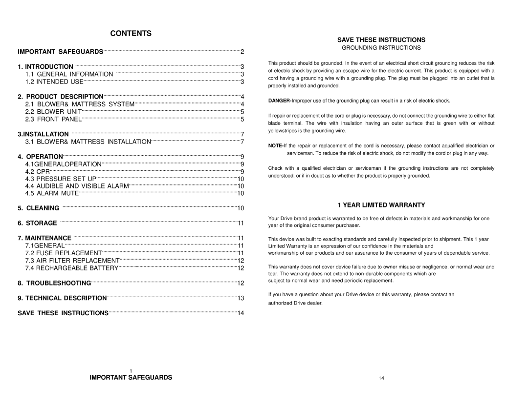 Drive Medical Design 14000 instruction manual Contents 