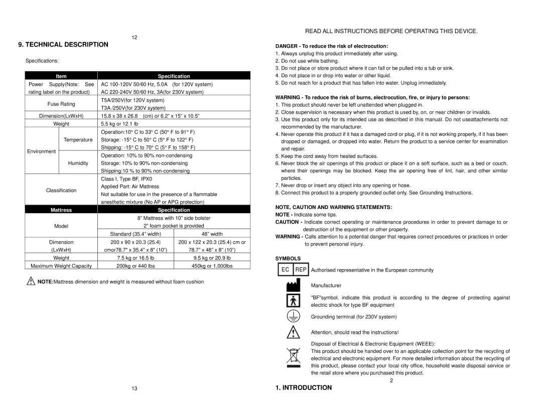 Drive Medical Design 14000 Technical Description, Read ALL Instructions Before Operating this Device, Specification 