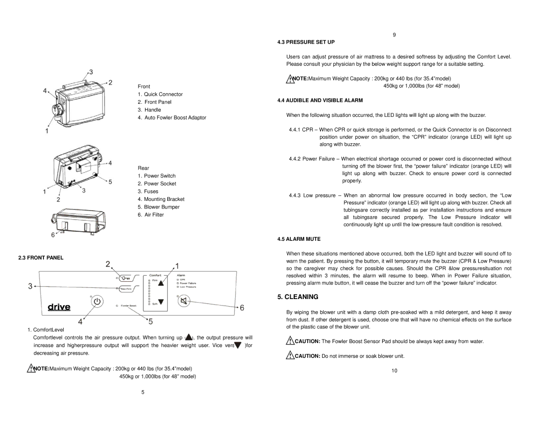 Drive Medical Design 14000 instruction manual Cleaning, Front Panel, Pressure SET UP, Audible and Visible Alarm, Alarm Mute 