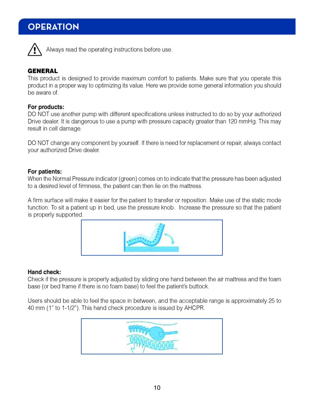 Drive Medical Design 14027 manual Operation, For products, For patients, Hand check 