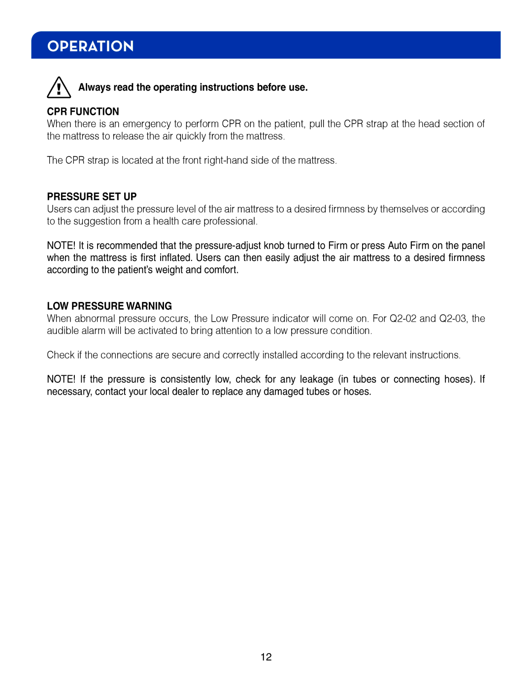 Drive Medical Design 14027 manual CPR Function, Pressure SET UP, LOW Pressure Warning 