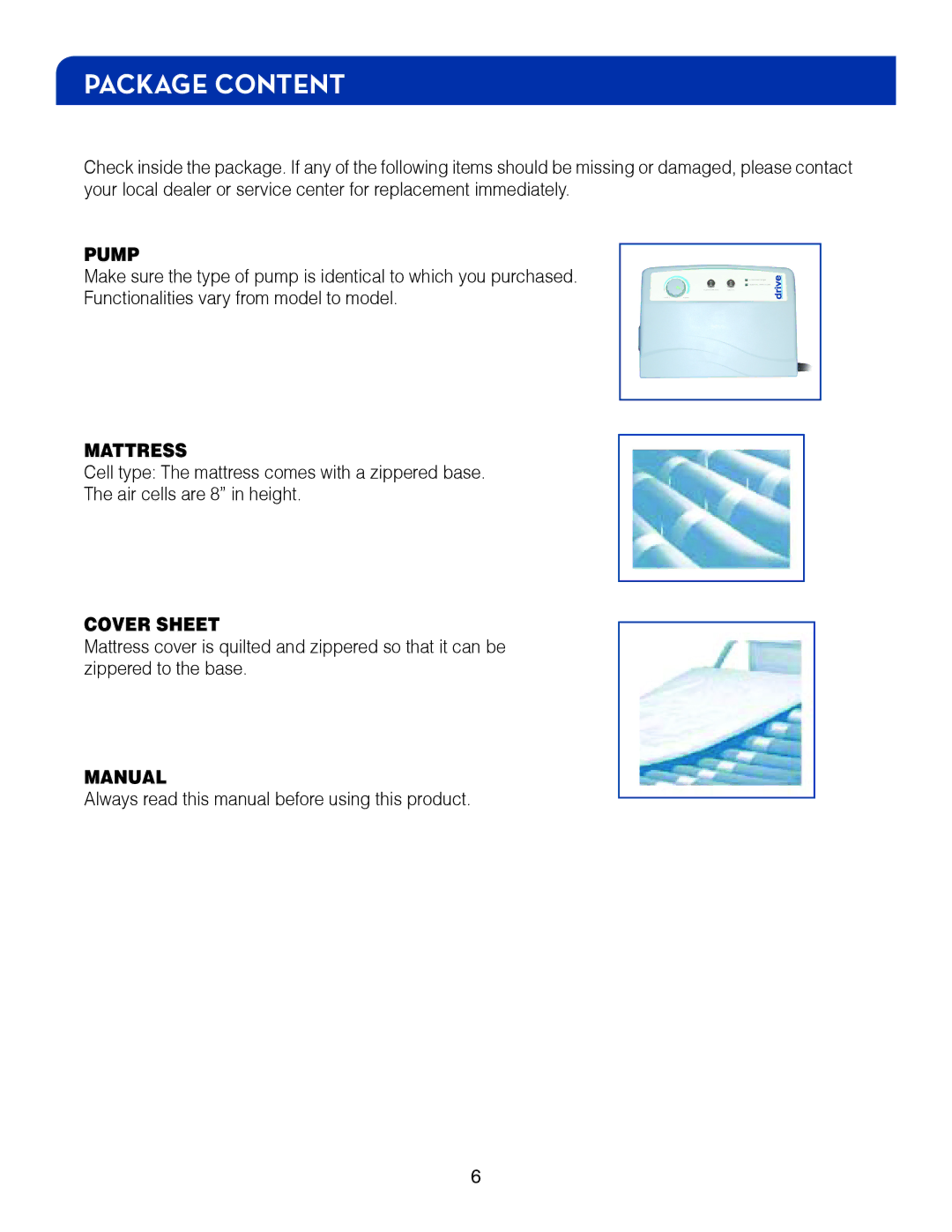 Drive Medical Design 14027 manual Package Content, Pump, Mattress, Cover Sheet, Manual 