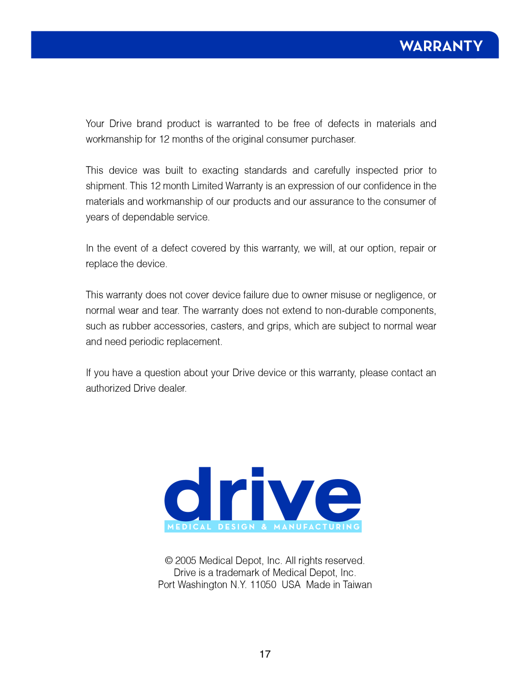 Drive Medical Design 14027 manual Warranty 
