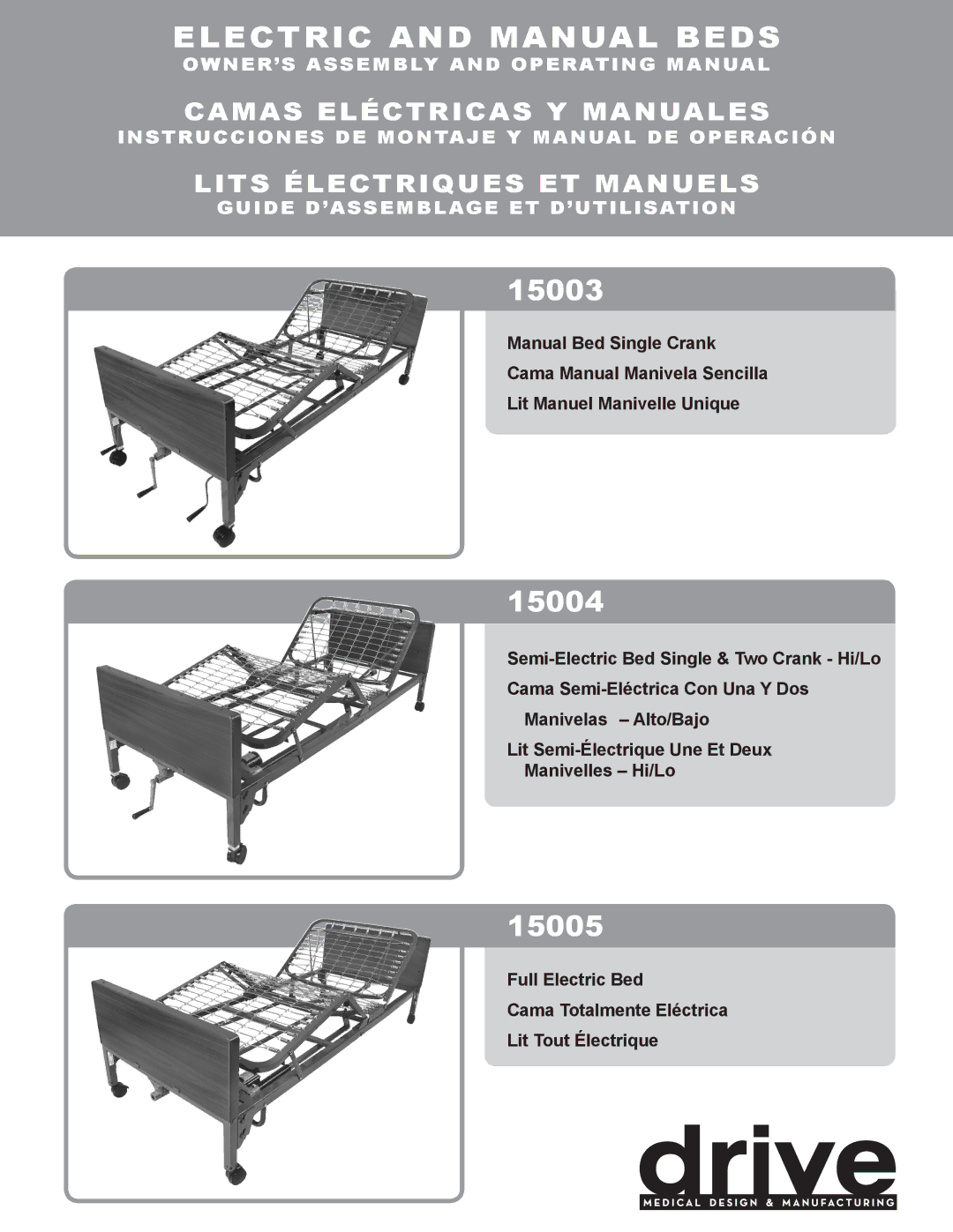 Drive Medical Design 15005, 15003, 15004 manual Electric and Manual Beds 