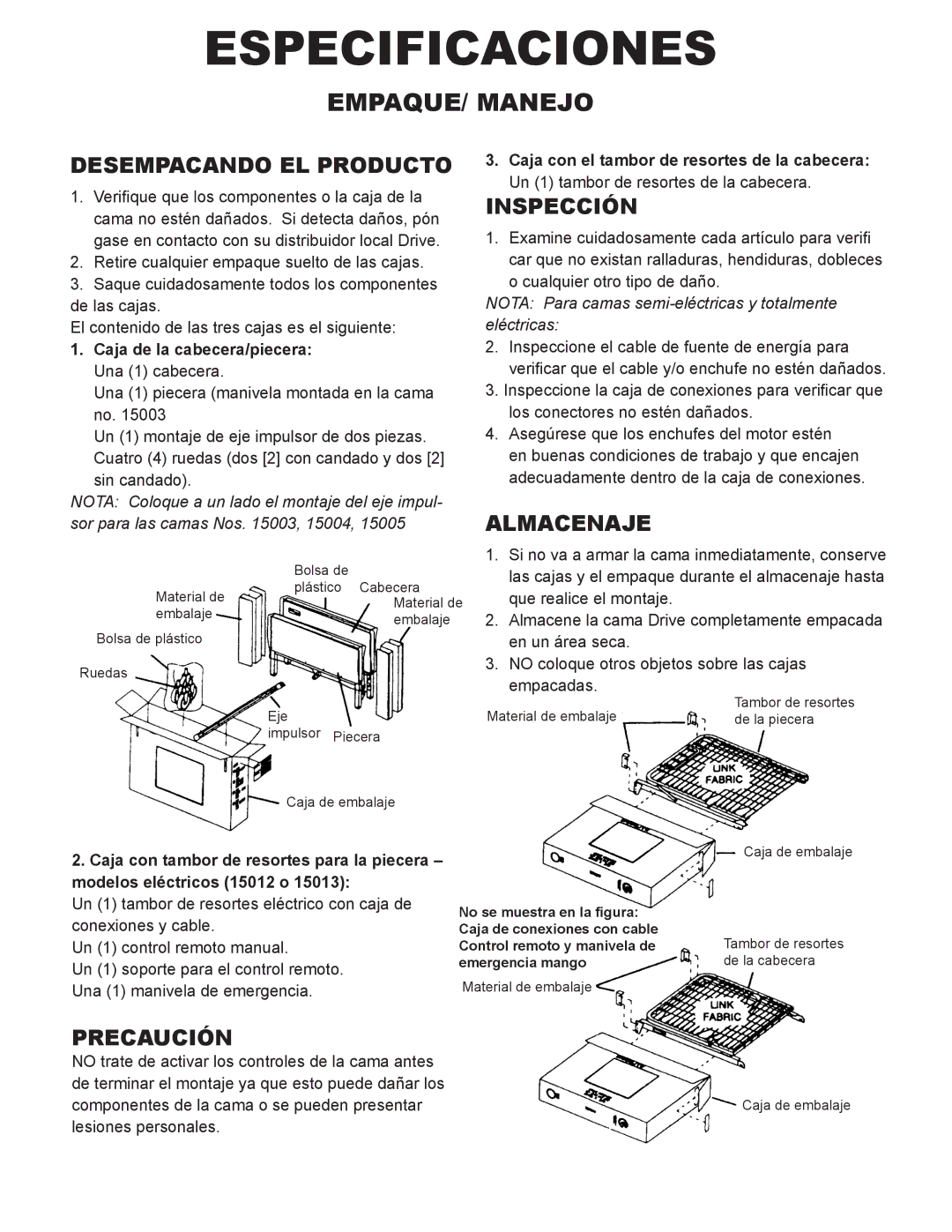 Drive Medical Design 15004, 15003, 15005 manual Inspección, Almacenaje, Precaución 