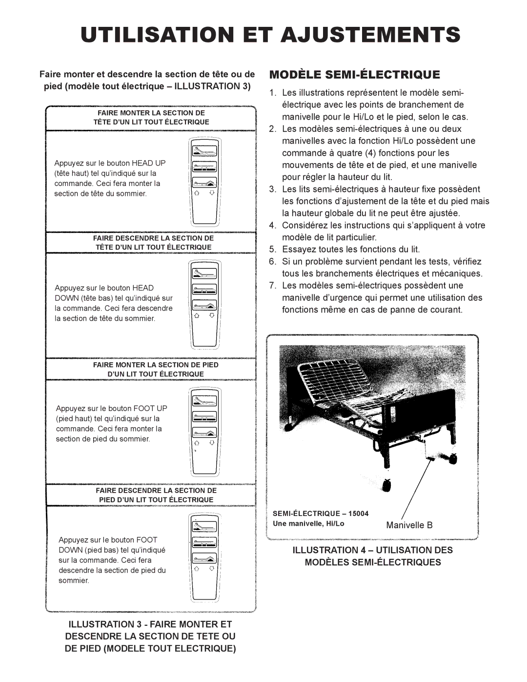 Drive Medical Design 15003, 15005 manual Modèle SEMI-ÉLECTRIQUE, Faire Descendre LA Section DE Tête D’UN LIT Tout Électrique 