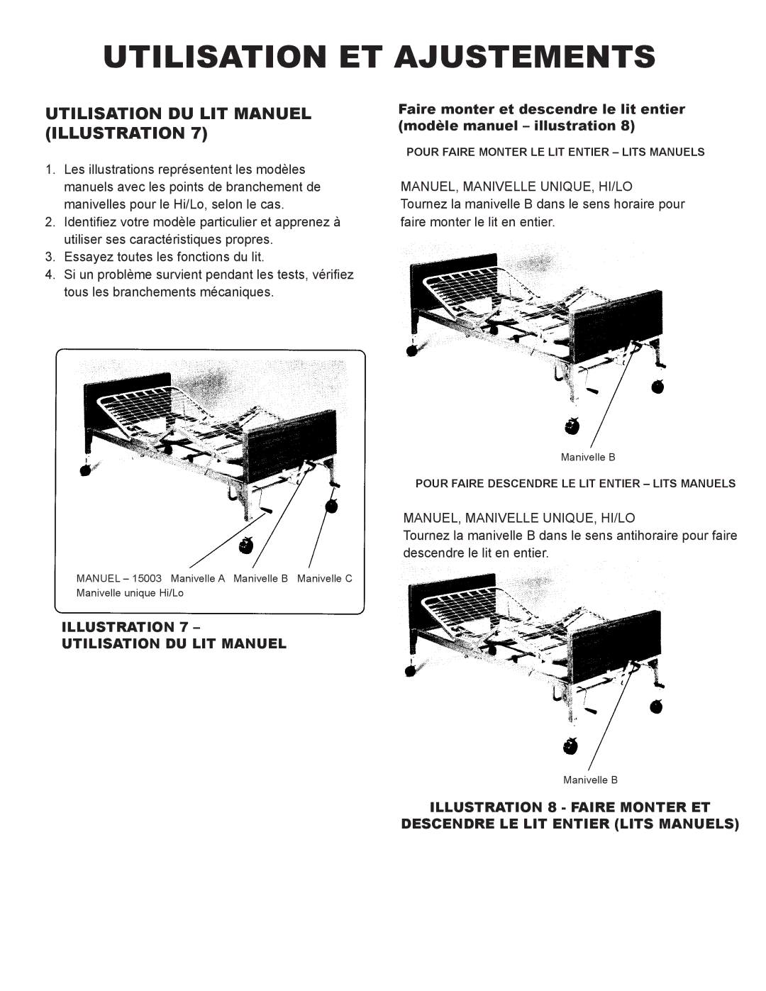 Drive Medical Design 15004, 15003, 15005 manual Utilisation DU LIT Manuel Illustration 