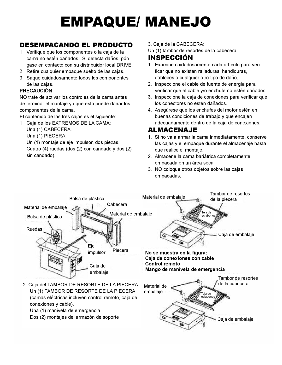 Drive Medical Design 15300, 15302, 15303 manual Desempacando EL Producto, Inspección, Almacenaje, Precaución 