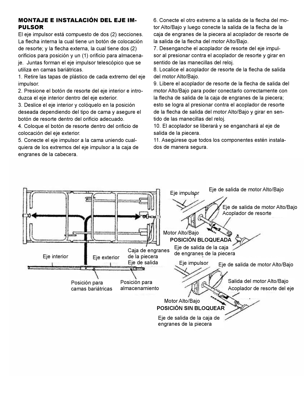 Drive Medical Design 15302, 15303 manual Montaje E Instalación DEL EJE IM- Pulsor, Posición Bloqueada, Posición SIN Bloquear 