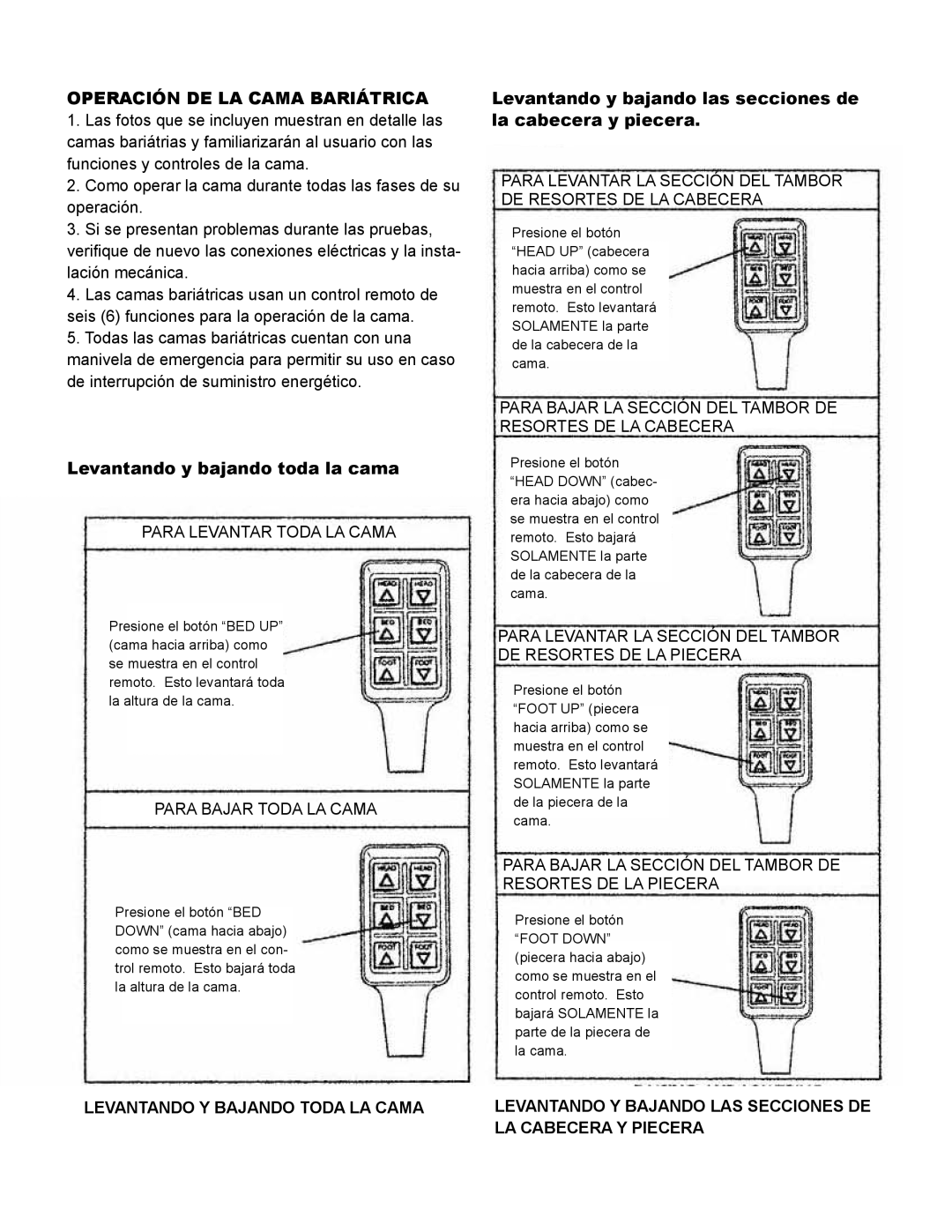 Drive Medical Design 15302, 15303, 15300 manual Operación DE LA Cama Bariátrica, Levantando y bajando toda la cama 