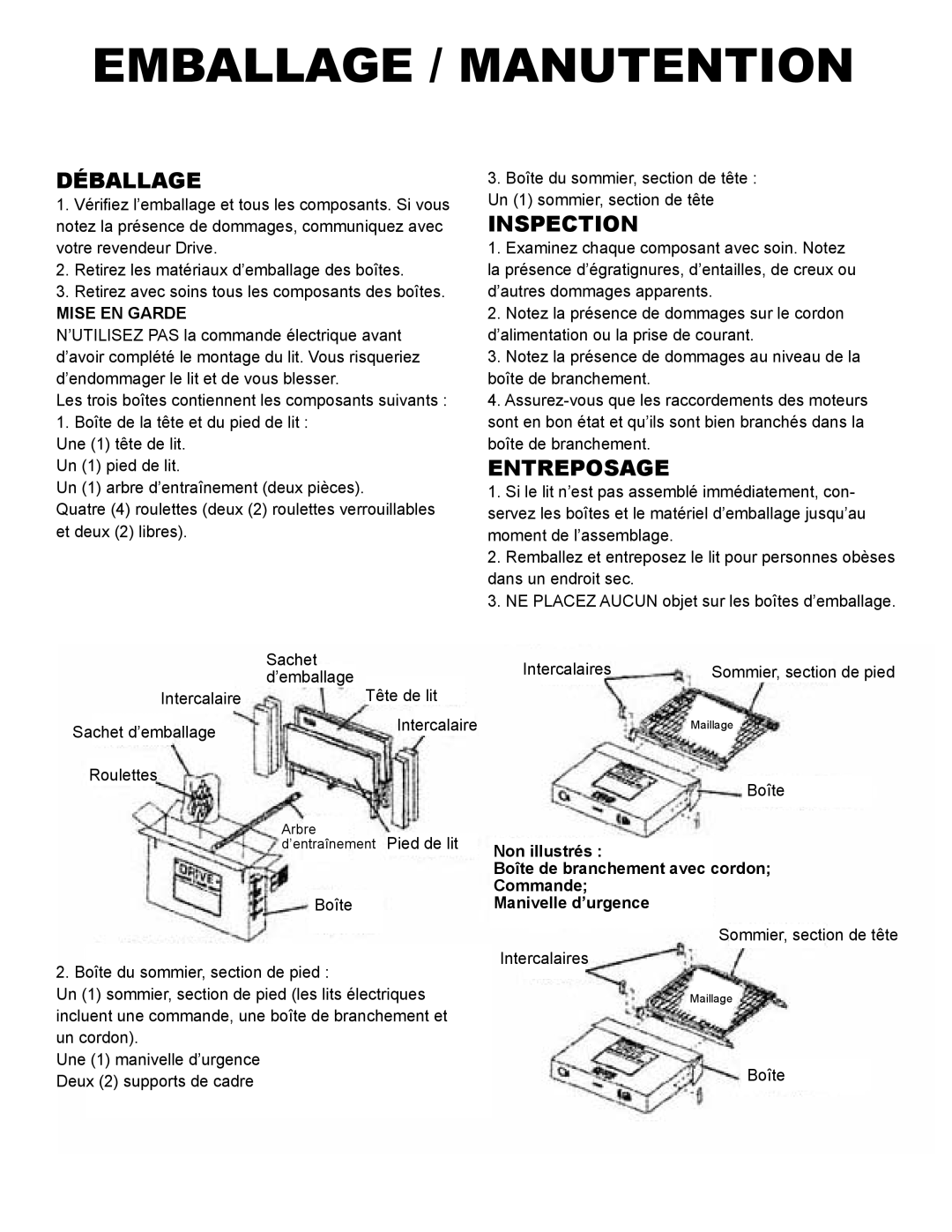 Drive Medical Design 15300, 15302, 15303 manual Déballage, Inspection, Entreposage, Mise EN Garde 