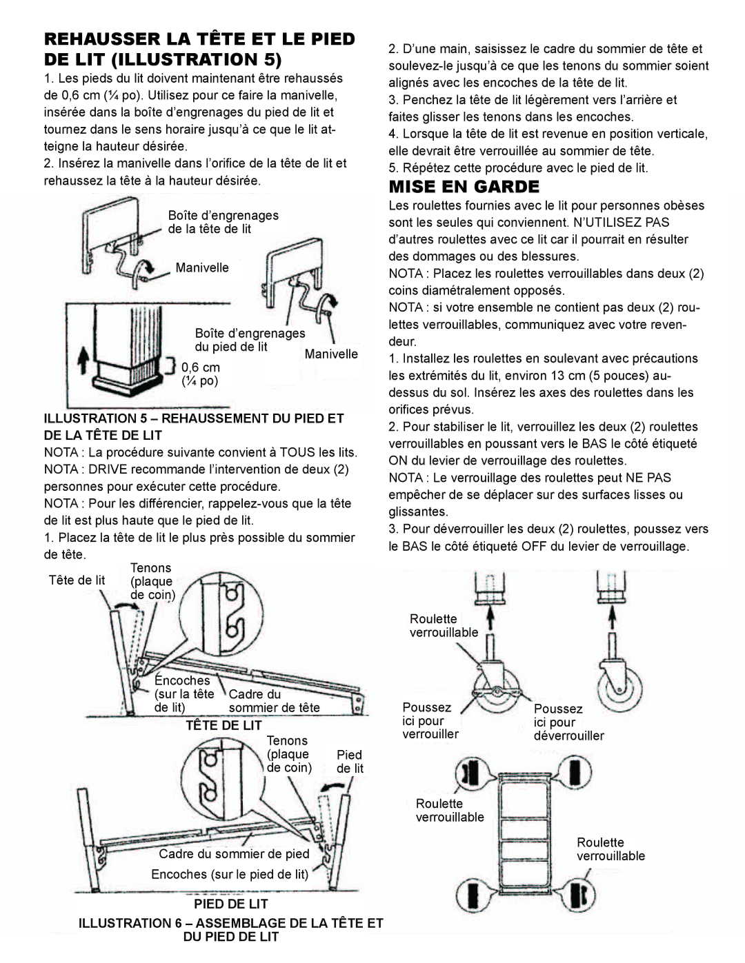 Drive Medical Design 15303, 15302, 15300 manual Rehausser LA Tête ET LE Pied DE LIT Illustration, Mise EN Garde 