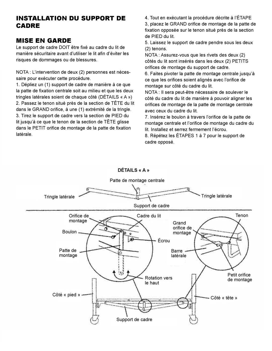 Drive Medical Design 15300, 15302, 15303 manual Installation DU Support DE Cadre Mise EN Garde, Détails « a » 