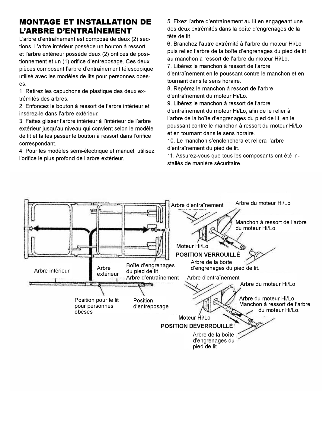 Drive Medical Design 15302 Montage ET Installation DE L’ARBRE D’ENTRAÎNEMENT, Position Verrouillé, Position Déverrouillé 