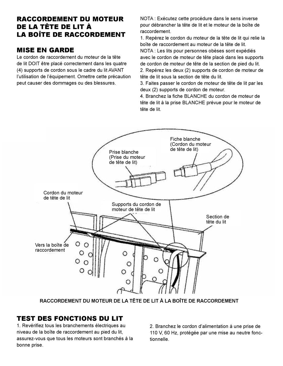 Drive Medical Design 15303, 15302, 15300 manual LA Boîte DE Raccordement Mise EN Garde, Test DES Fonctions DU LIT 