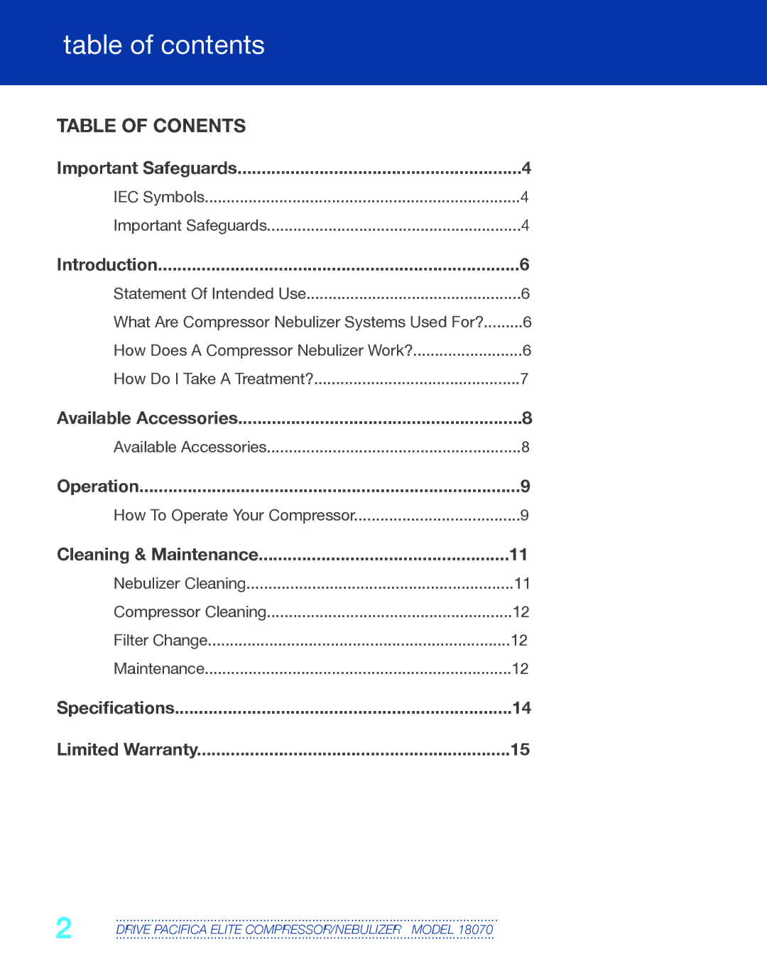 Drive Medical Design 18070 manual Table of contents 