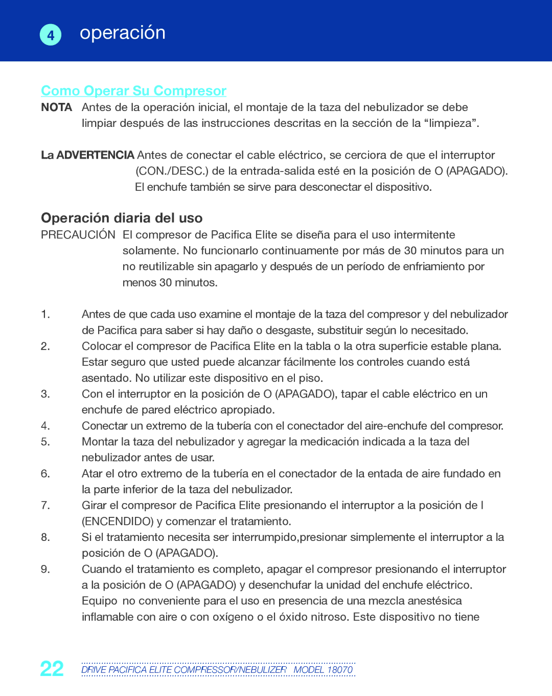 Drive Medical Design 18070 manual Como Operar Su Compresor, Operación diaria del uso 