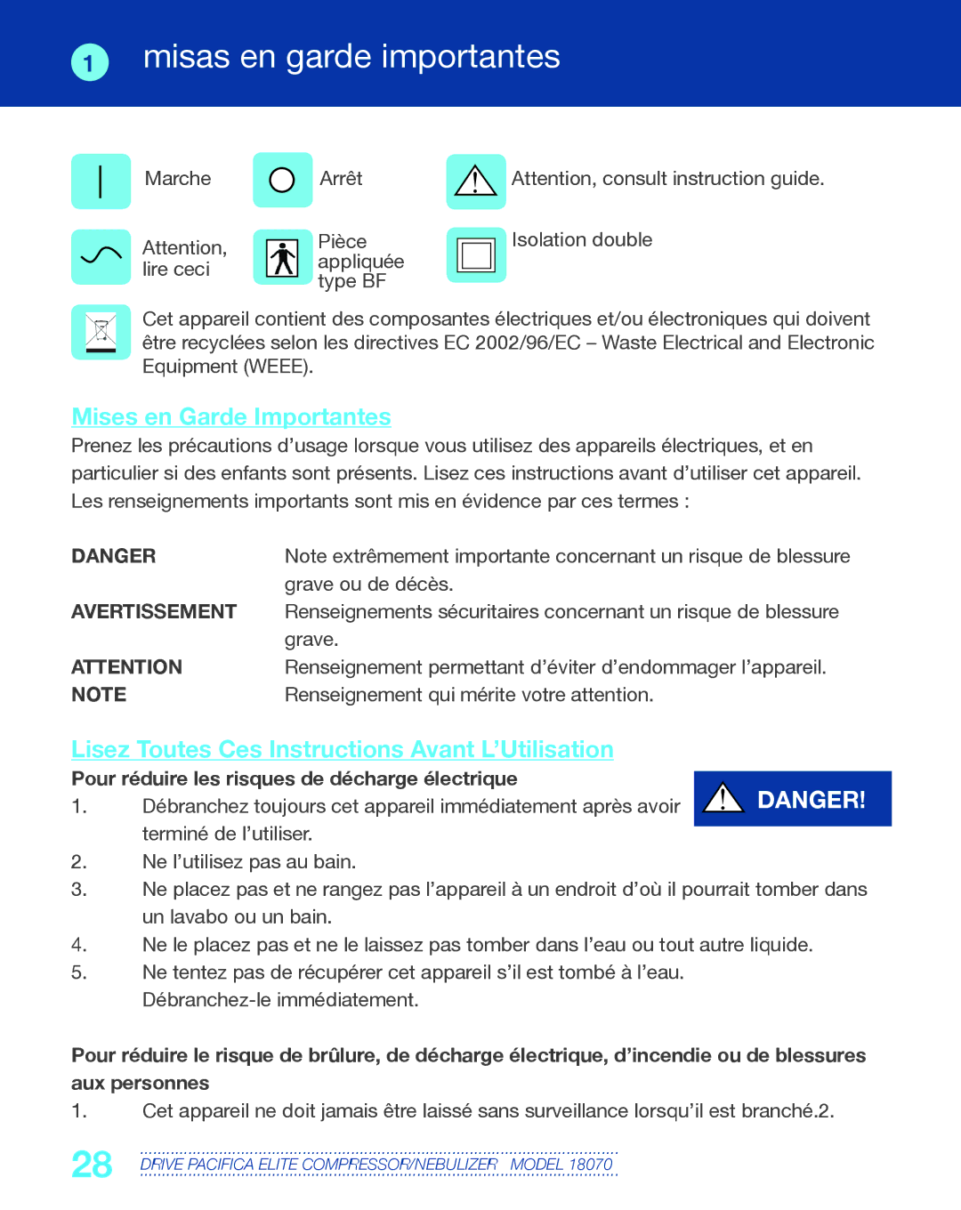 Drive Medical Design 18070 manual Misas en garde importantes, Mises en Garde Importantes 