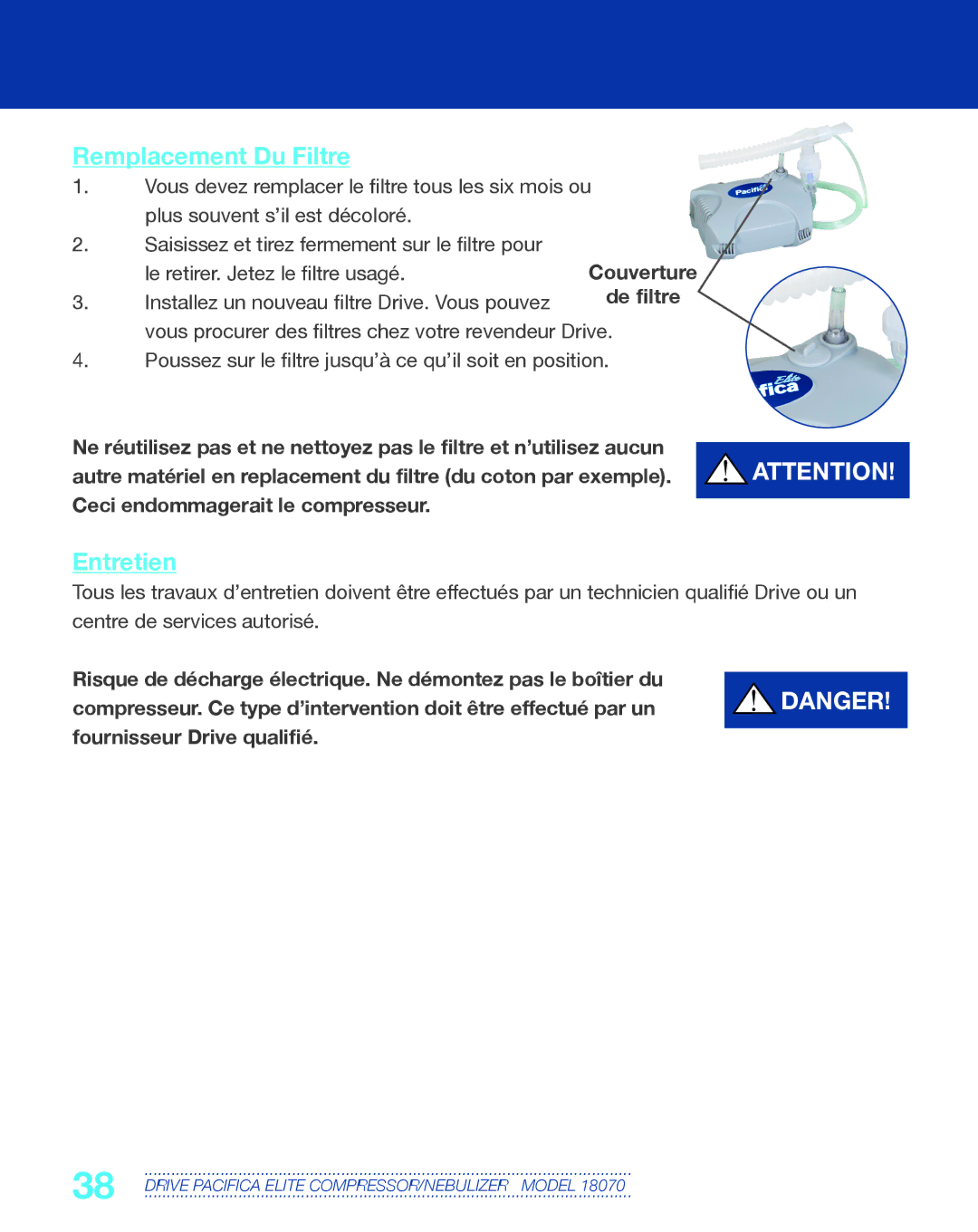 Drive Medical Design 18070 manual Remplacement Du Filtre, Entretien, Couverture, De filtre 