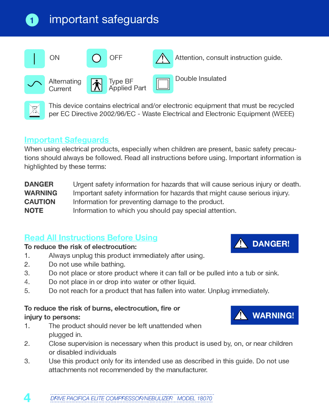 Drive Medical Design 18070 manual Important safeguards, Important Safeguards, Read All Instructions Before Using 