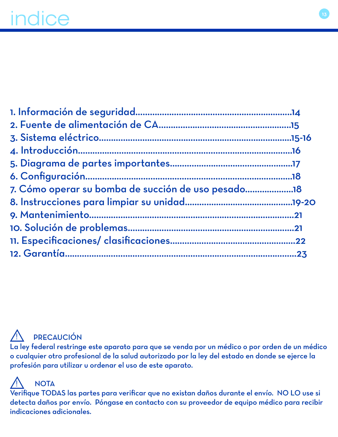 Drive Medical Design 18600 user manual Indice, Precaución, Nota 