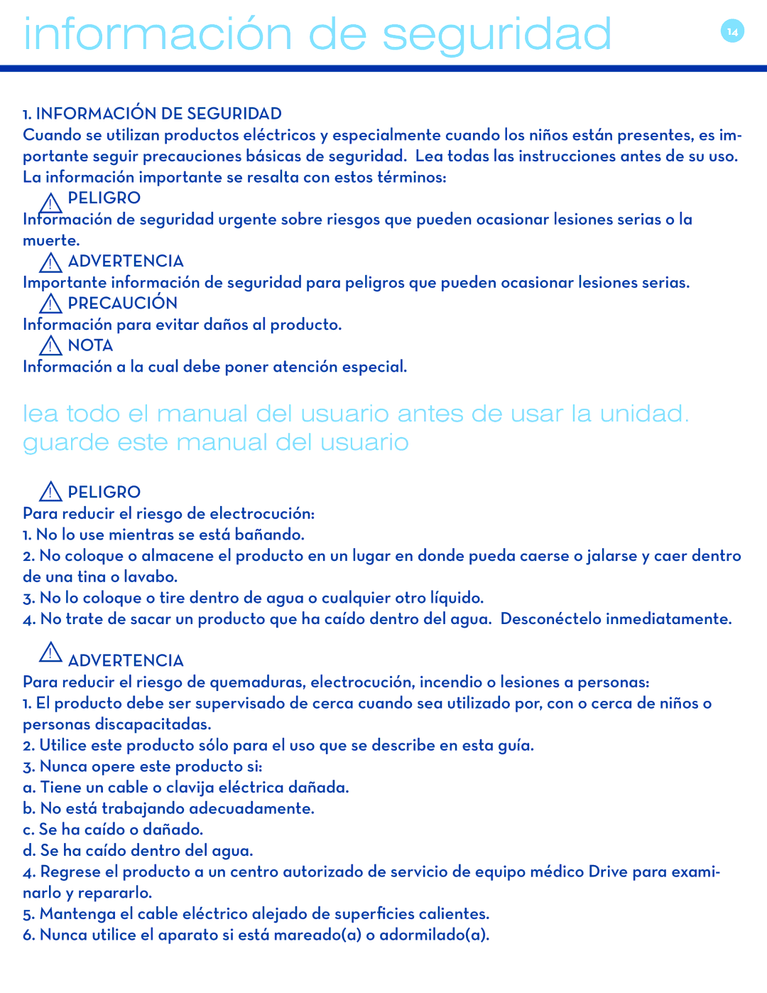 Drive Medical Design 18600 user manual Información de seguridad, Información DE Seguridad, Peligro, Advertencia 