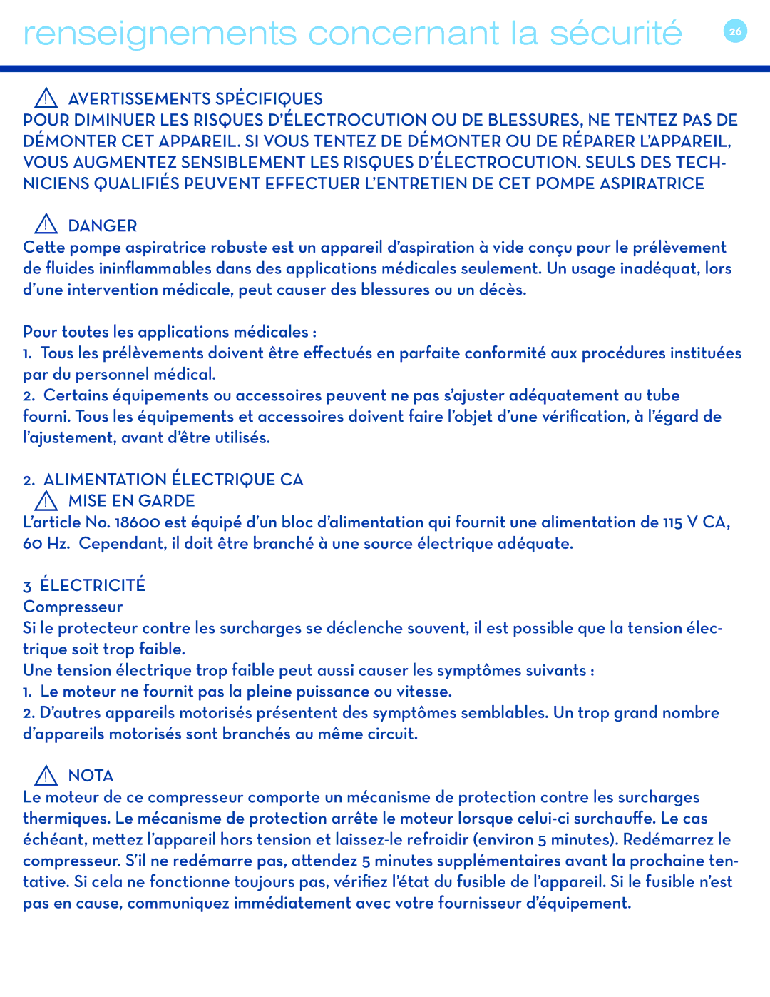 Drive Medical Design 18600 user manual Avertissements Spécifiques, Alimentation Électrique CA ! Mise EN Garde 