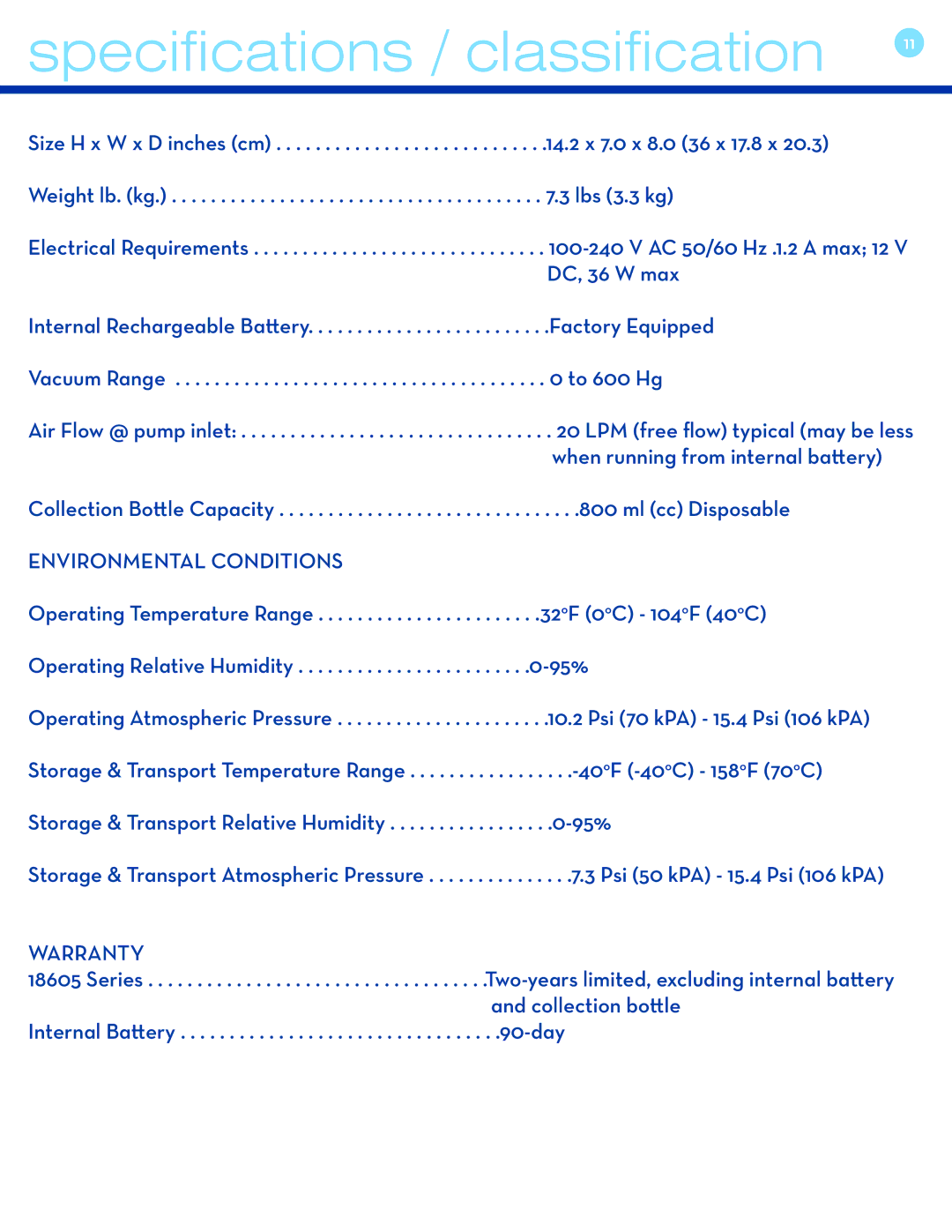 Drive Medical Design 18605 user manual Specifications / classification, Environmental Conditions, Warranty 