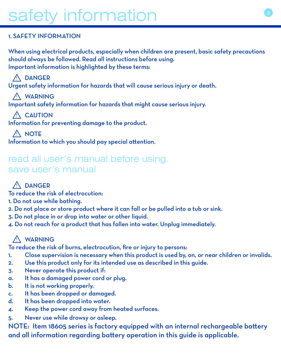 Drive Medical Design 18605 user manual Safety information, Safety Information 