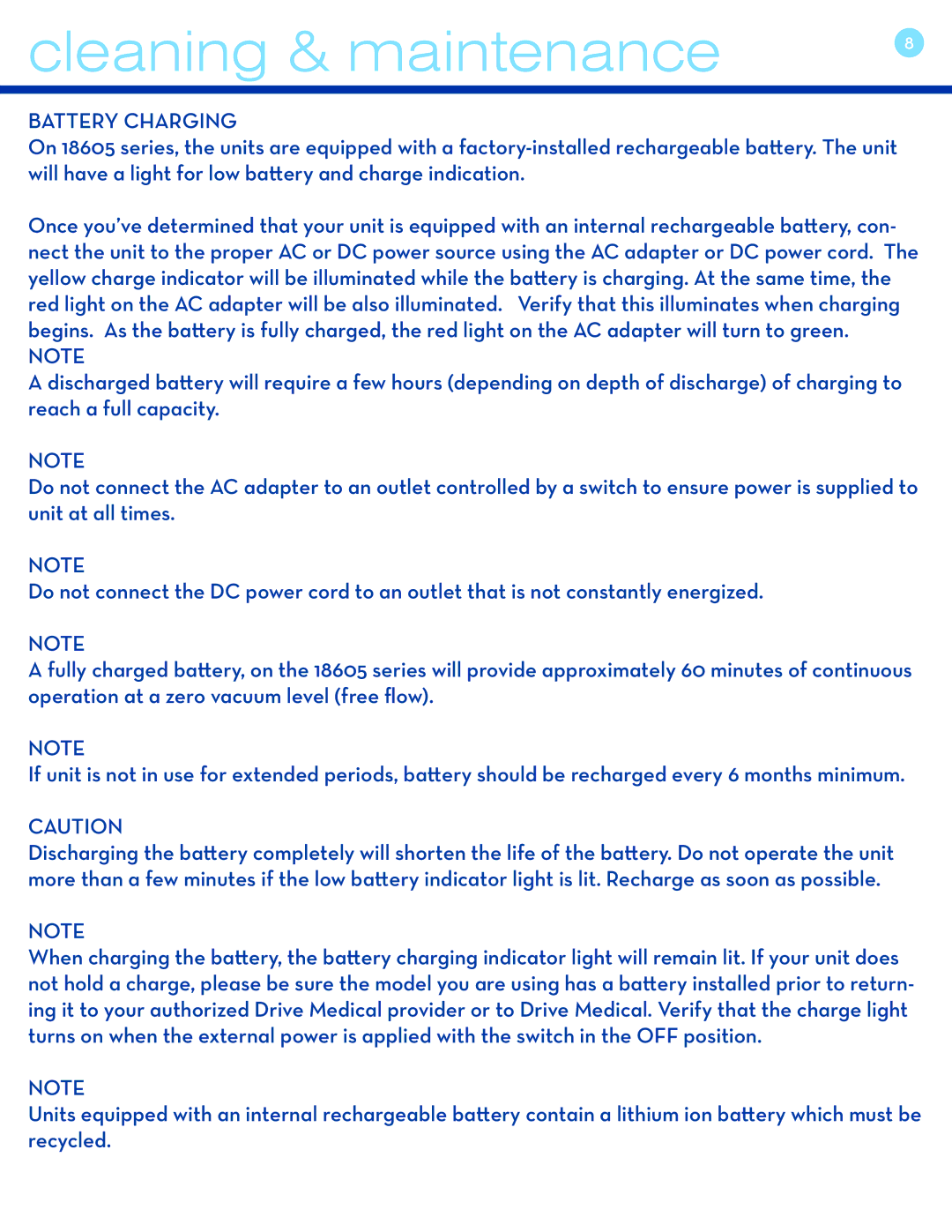 Drive Medical Design 18605 user manual Cleaning & maintenance, Battery Charging 